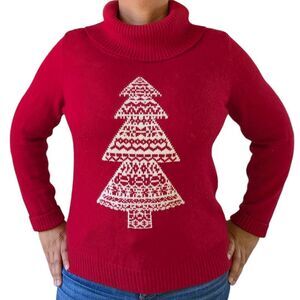 Talbot Velvet Red White Christmas Tree Oversized Turtle Cowl Neck Sweater Size L